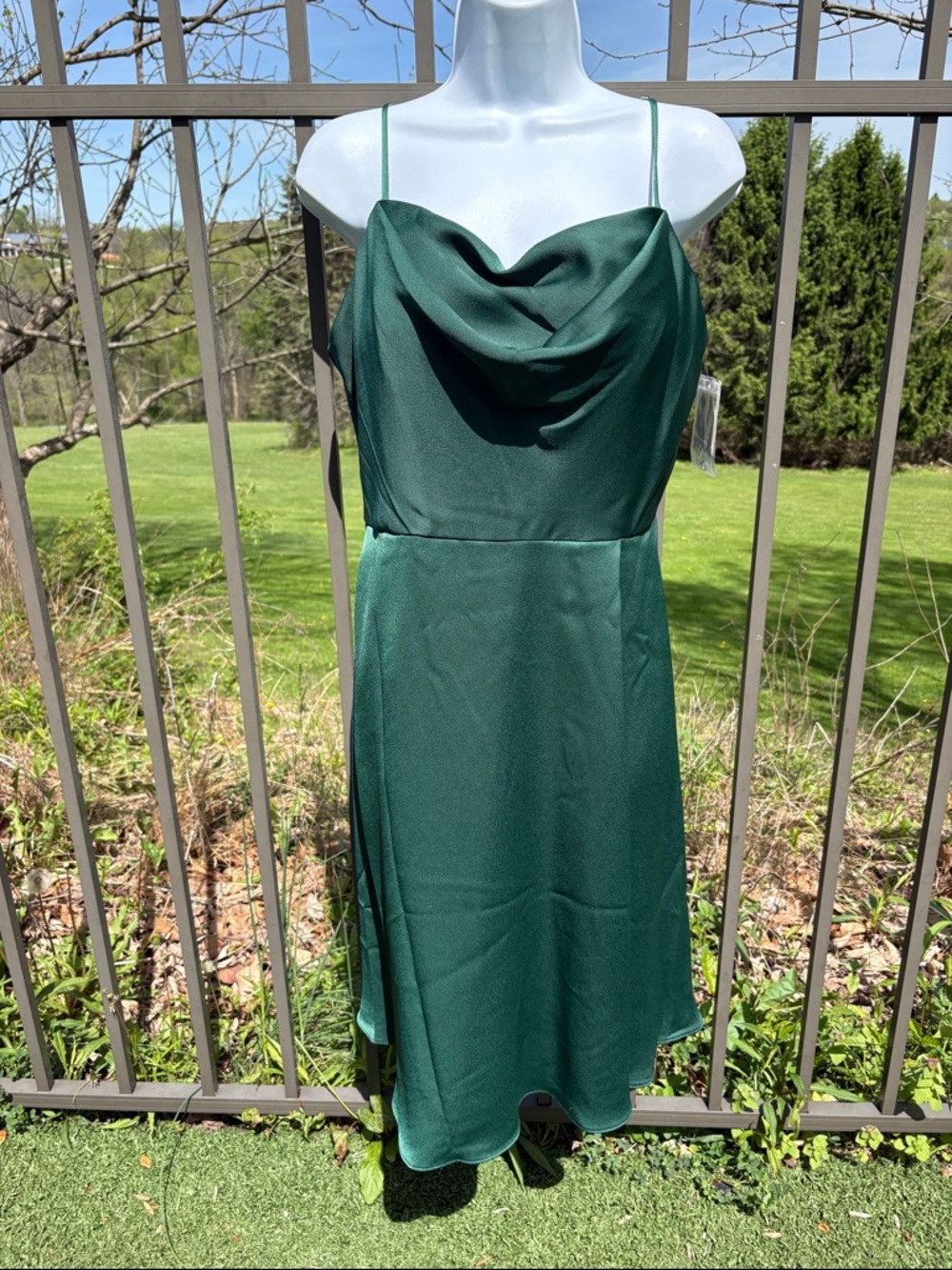 NWT Davids Bridal Juniper Green Midi Cowl Neck Spaghetti Strap Gown Size 12